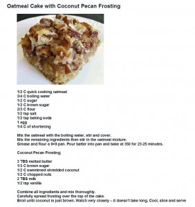 Oatmeal Cake with Coconut Pecan Frosting